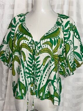 Rachel Zoe Tropical Puff Sleeve Tie-Front Blouse Green NWT Lg Cruise Linen